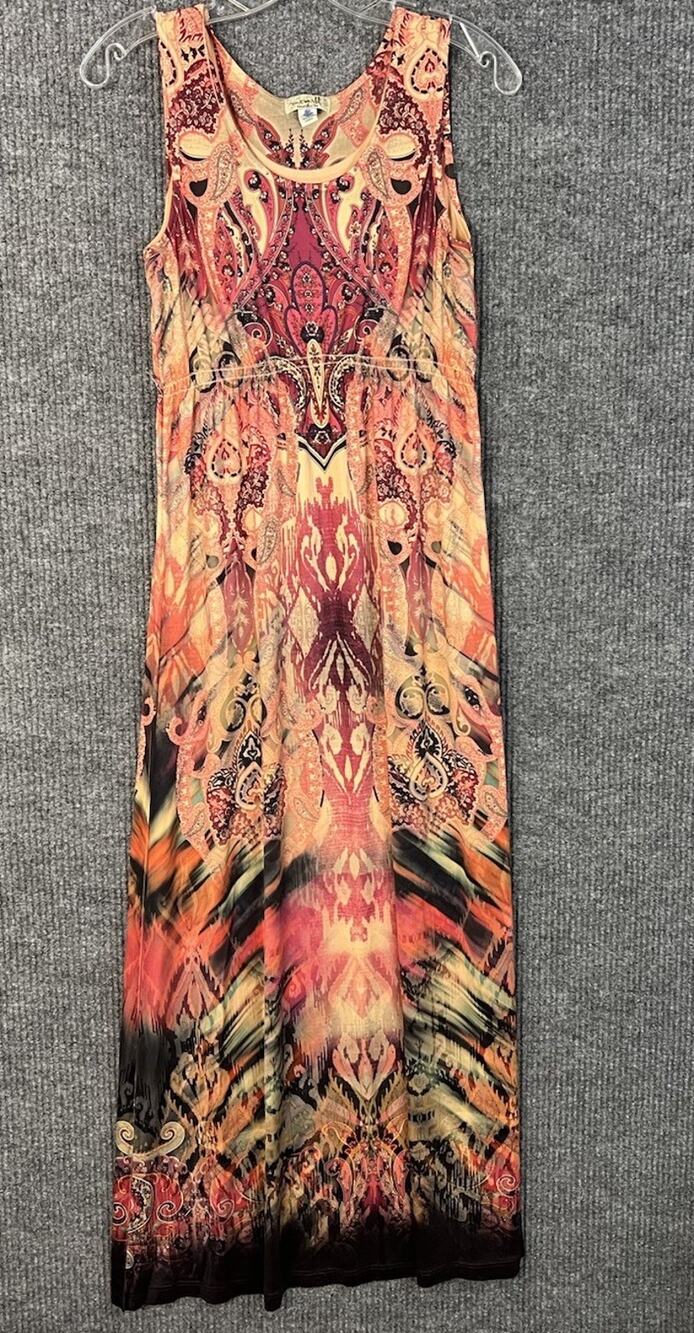 One World Maxi Dress Size Small Orange Bohemian Printed Art To Wear Festival